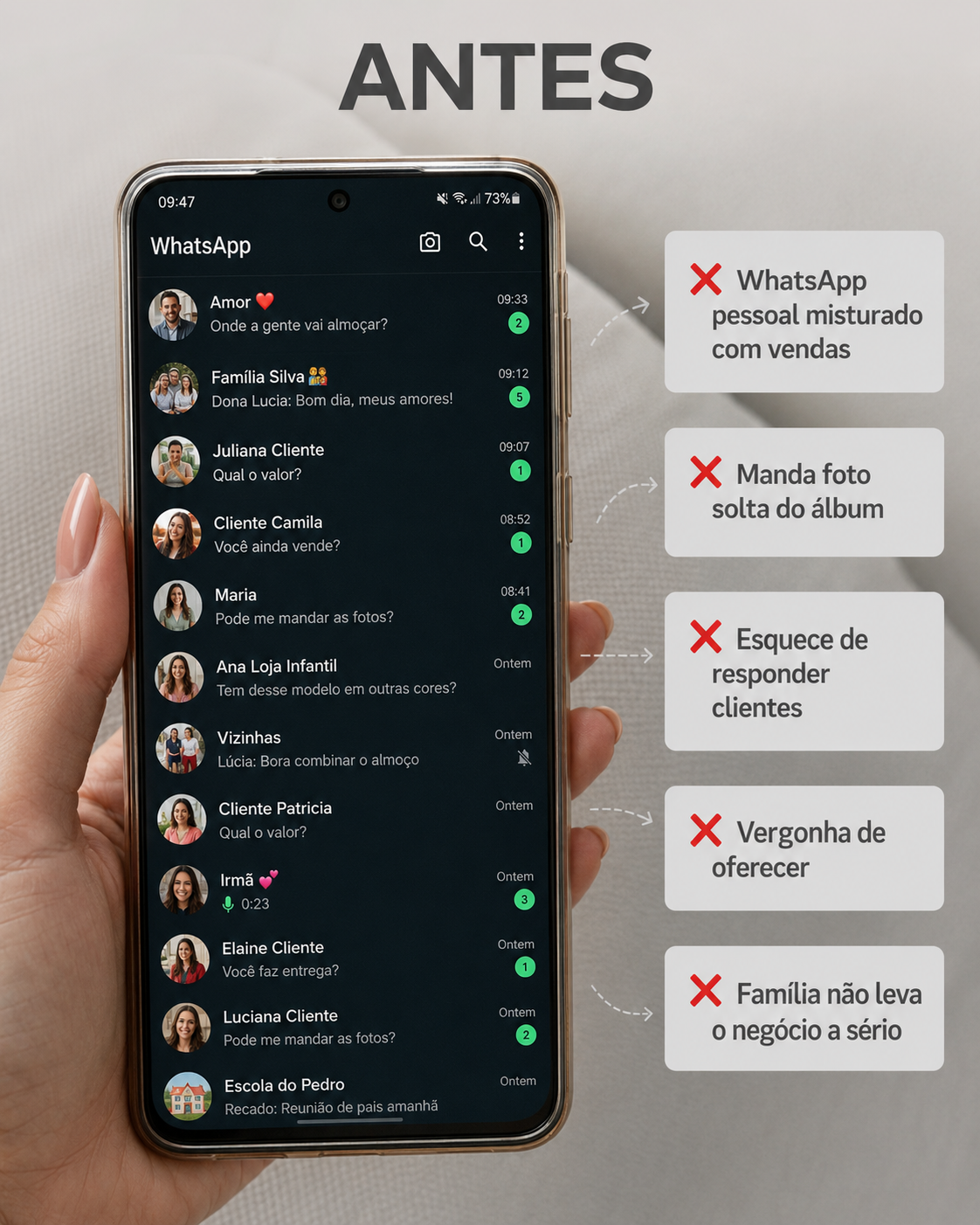 WhatsApp desorganizado antes do método