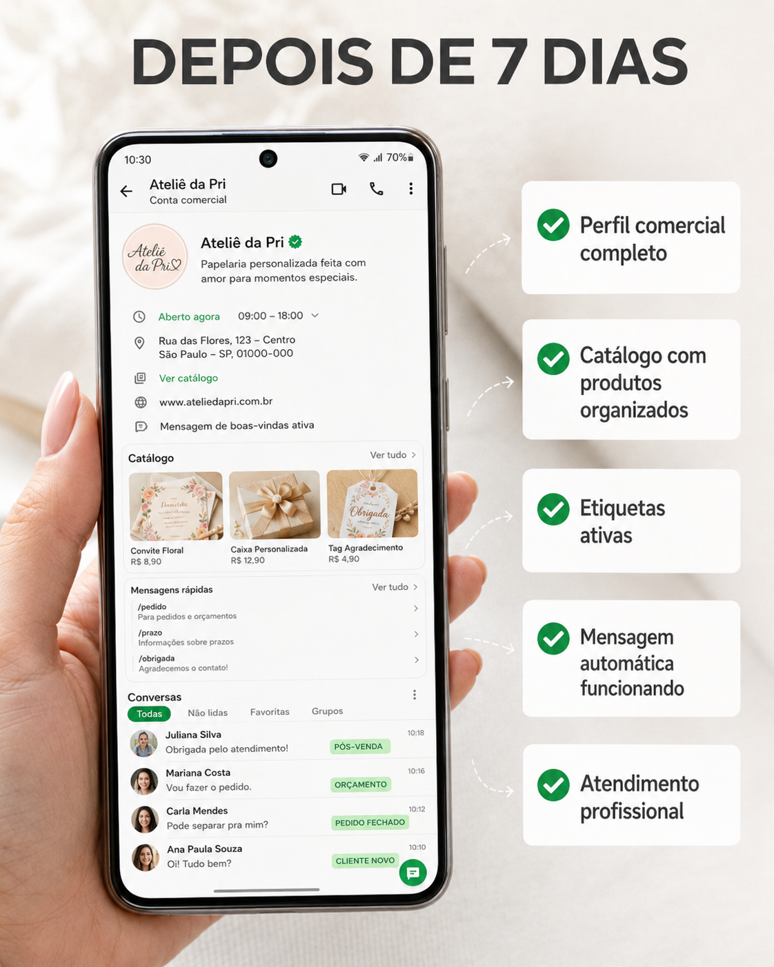 WhatsApp Business organizado depois de 7 dias