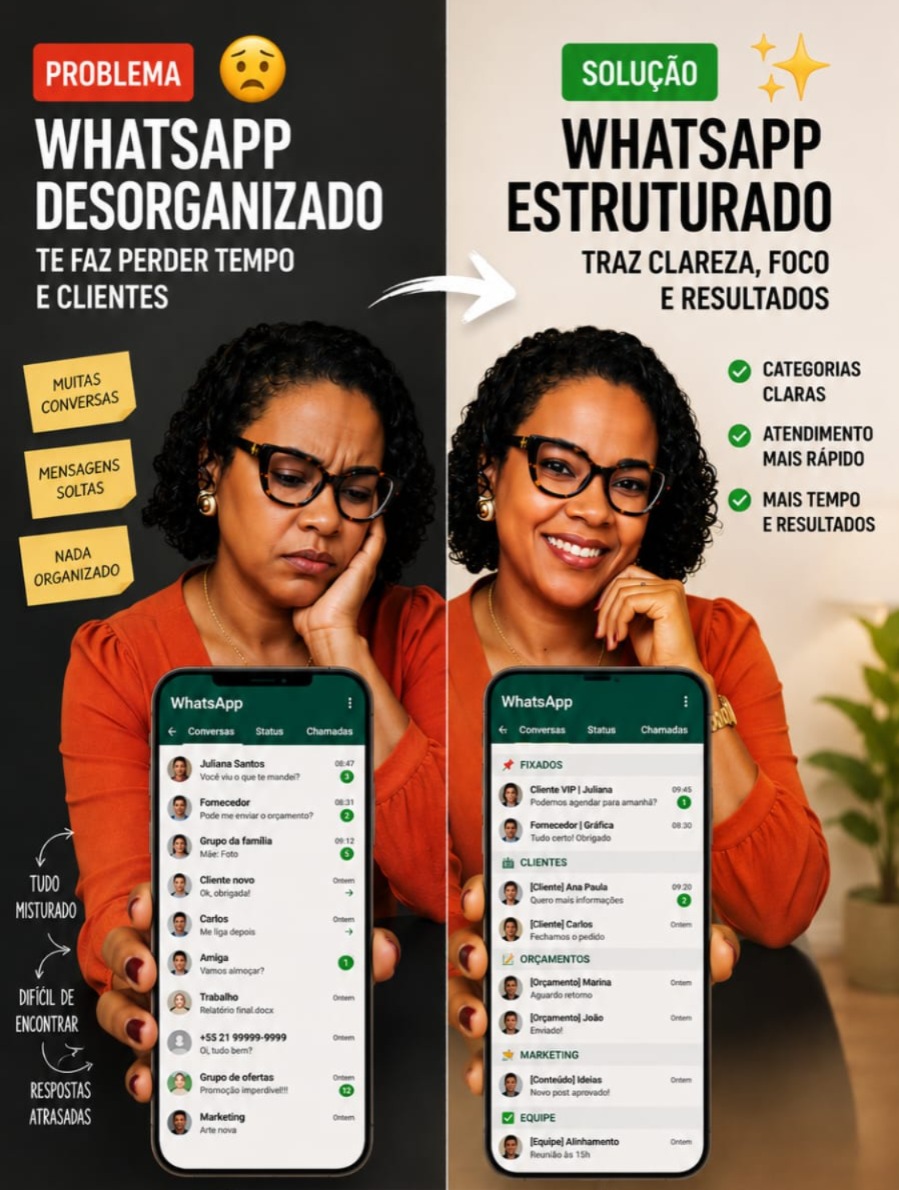 WhatsApp desorganizado x WhatsApp estruturado: antes e depois